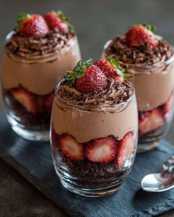 Verrines de mousse au chocolat avec fraises fraîches et base biscuitée croquante, décorées de copeaux de chocolat.