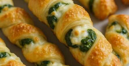 Torsades feuilletées dorées aux épinards et parmesan, croustillantes, servies sur une plaque avec une texture feuilletée visible.