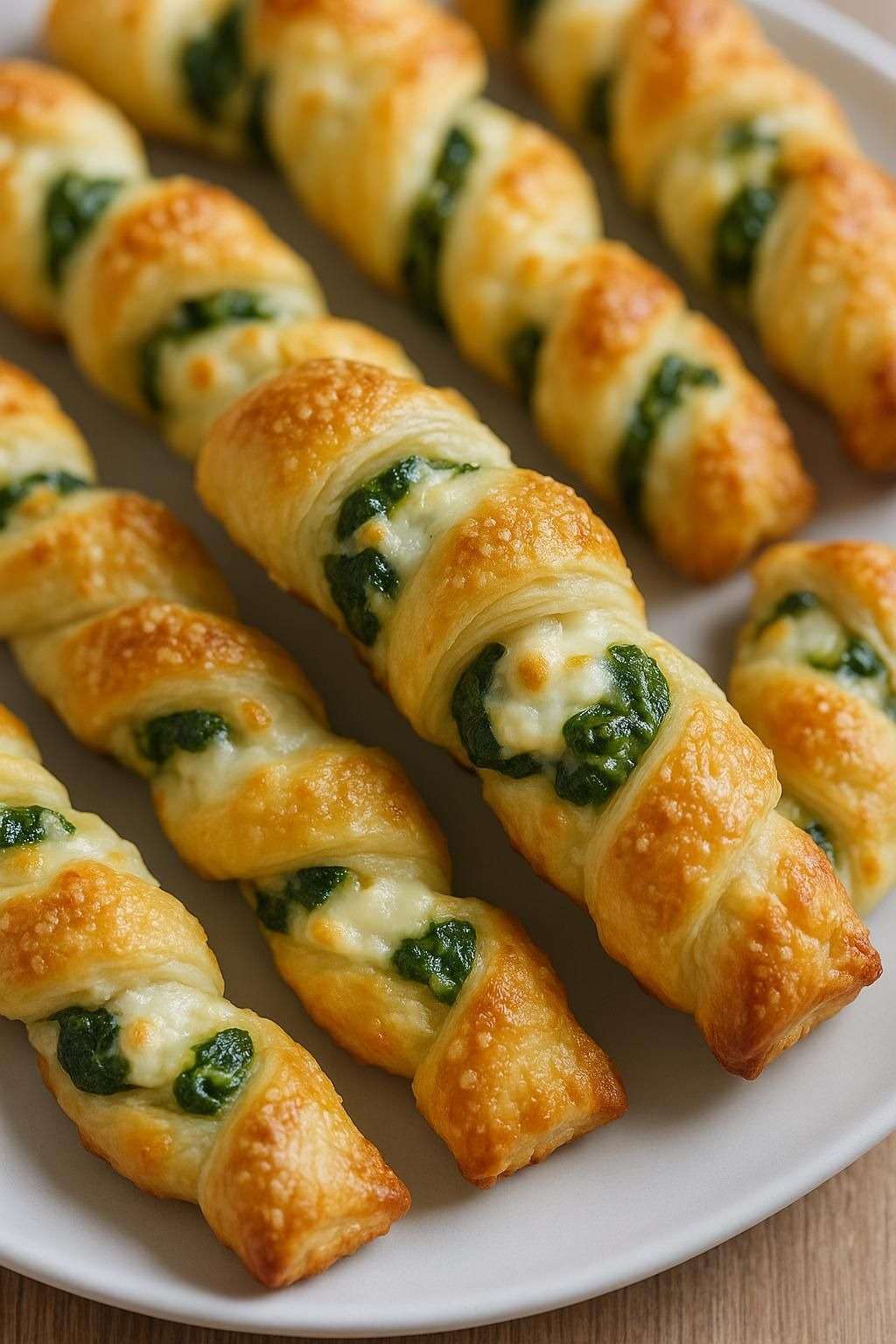Torsades feuilletées dorées aux épinards et parmesan, croustillantes, servies sur une plaque avec une texture feuilletée visible.