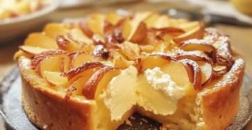 Gâteau fondant aux pommes et mascarpone, texture moelleuse avec tranches de pommes dorées sur le dessus et sucre glace.