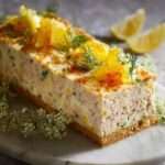 Terrine de poisson citronnée aux herbes, texture lisse et crémeuse, garnie de citron et d’aneth, servie en tranches.