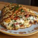 Omelette anti-gaspi dorée à la poêle, garnie de légumes fondants coupés en petits dés, de fromage fondu et d’herbes fraîches, servie chaude dans une assiette avec salade verte.