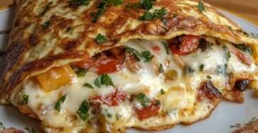 Omelette anti-gaspi dorée à la poêle, garnie de légumes fondants coupés en petits dés, de fromage fondu et d’herbes fraîches, servie chaude dans une assiette avec salade verte.