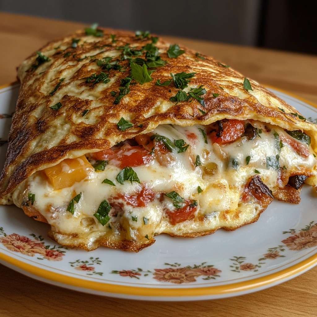 Omelette anti-gaspi dorée à la poêle, garnie de légumes fondants coupés en petits dés, de fromage fondu et d’herbes fraîches, servie chaude dans une assiette avec salade verte.