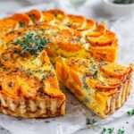 Tarte fondante aux carottes cuite au four, garnie de rondelles de carottes tendres, de fromage gratiné et d’herbes aromatiques, servie dans un moule doré.