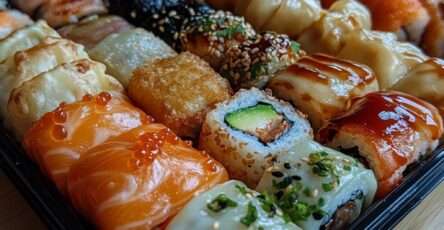Plateau sushi, makis, nigiris au saumon, tempura de crevettes croustillantes et gyozas dorés, disposés élégamment avec sauce soja.