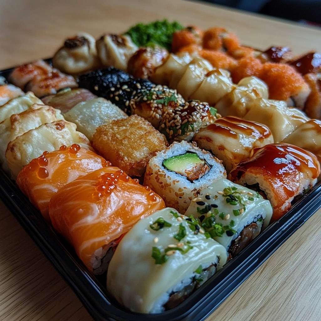 Plateau sushi, makis, nigiris au saumon, tempura de crevettes croustillantes et gyozas dorés, disposés élégamment avec sauce soja.