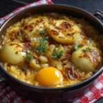 Poêlée hivernale rustique de pommes de terre dorées avec oignons fondants et œufs au jaune coulant, servie chaude avec persil frais dans une poêle.