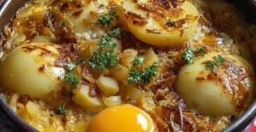 Poêlée hivernale rustique de pommes de terre dorées avec oignons fondants et œufs au jaune coulant, servie chaude avec persil frais dans une poêle.