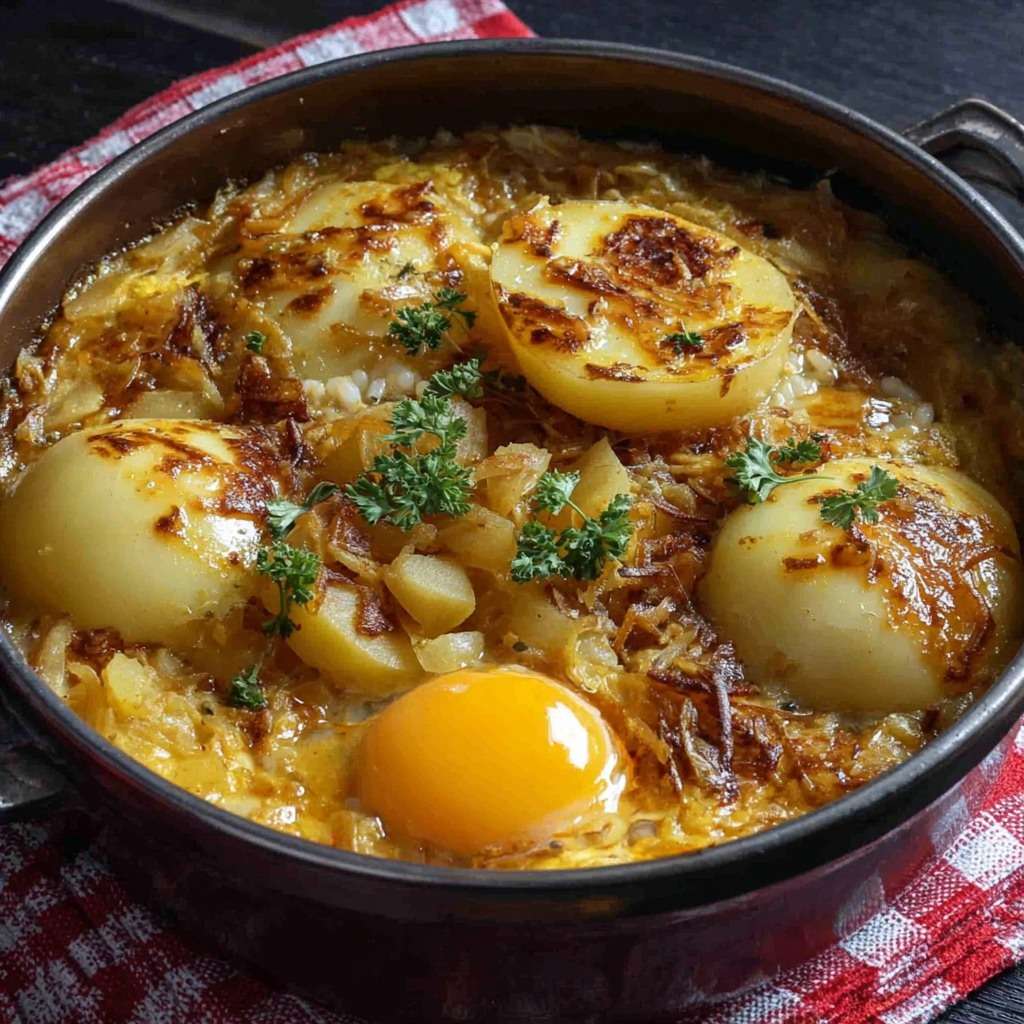 Poêlée hivernale rustique de pommes de terre dorées avec oignons fondants et œufs au jaune coulant, servie chaude avec persil frais dans une poêle.