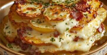 Tartiflette dorée au four avec couches de pommes de terre fondantes, lardons, fromage à raclette gratiné et surface croustillante légèrement dorée.