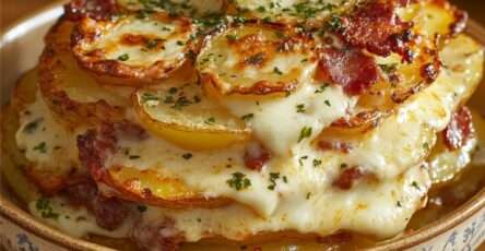 Tartiflette dorée au four avec couches de pommes de terre fondantes, lardons, fromage à raclette gratiné et surface croustillante légèrement dorée.