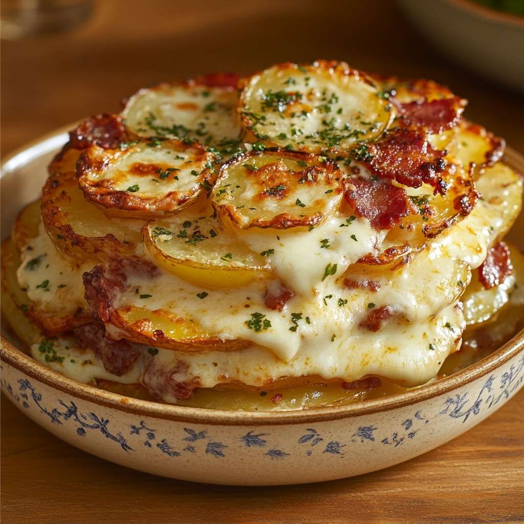 Tartiflette dorée au four avec couches de pommes de terre fondantes, lardons, fromage à raclette gratiné et surface croustillante légèrement dorée.