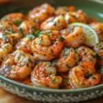 Crevettes vapeur rosées nappées de sauce citron vert et herbes fraîches, servies dans un plat avec quartiers de citron et persil ciselé.