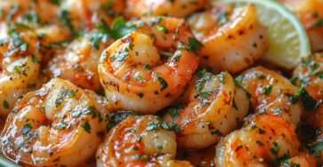 Crevettes vapeur rosées nappées de sauce citron vert et herbes fraîches, servies dans un plat avec quartiers de citron et persil ciselé.