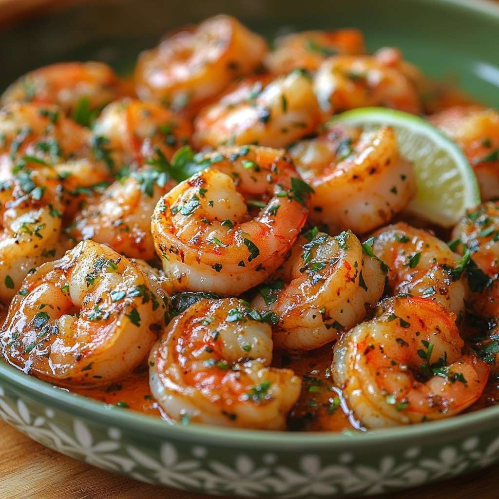 Crevettes vapeur rosées nappées de sauce citron vert et herbes fraîches, servies dans un plat avec quartiers de citron et persil ciselé.