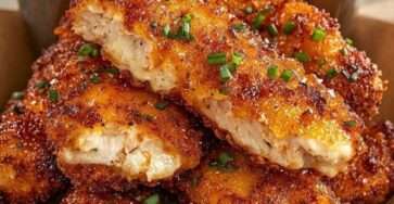 Filets de poulet croustillant au parmesan, dorés et croustillants, servis chauds avec sauce crémeuse et persil frais sur une assiette blanche.