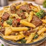 Assiette de penne crémeuses au bœuf et brocoli, avec morceaux de steak dorés, sauce au parmesan, persil frais et poivre noir.