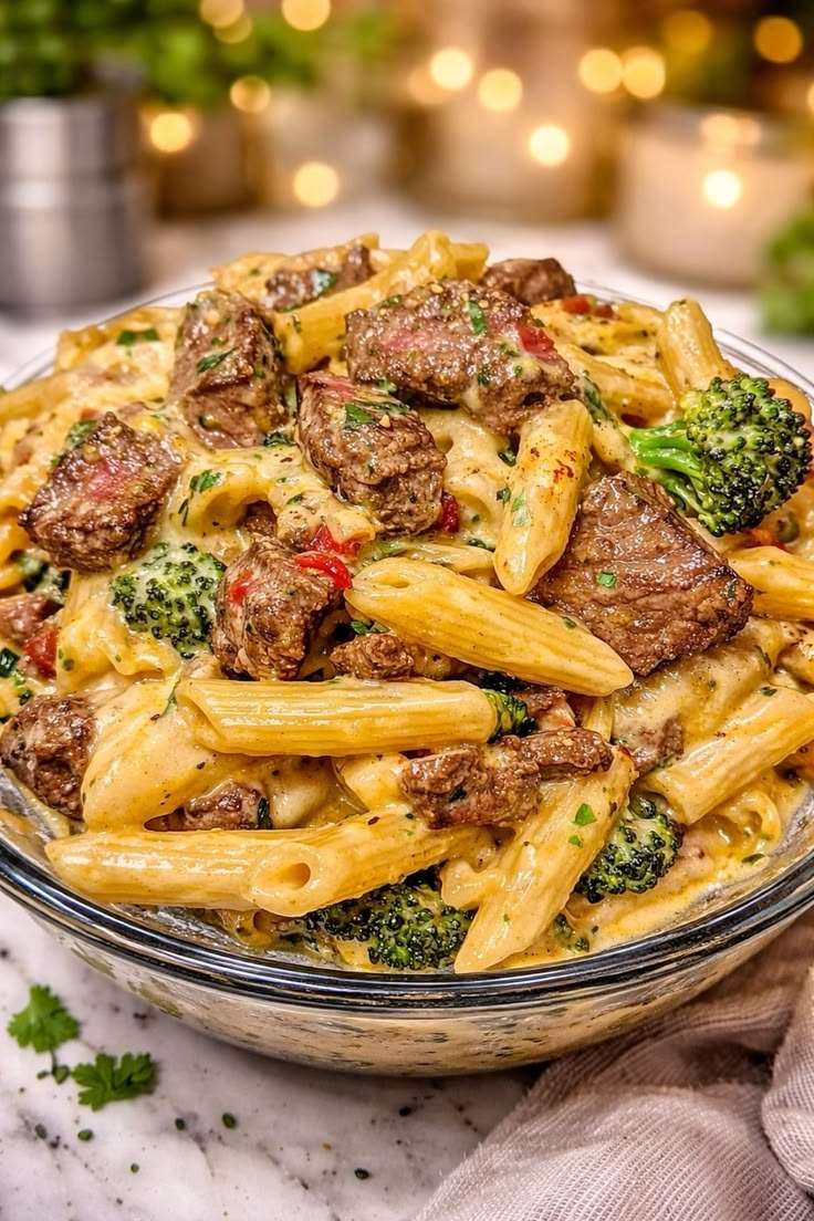 Assiette de penne crémeuses au bœuf et brocoli, avec morceaux de steak dorés, sauce au parmesan, persil frais et poivre noir.
