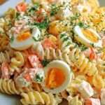 Salade de pâtes au surimi et œufs durs avec concombre, carotte, sauce crémeuse et herbes fraîches servie bien froide.