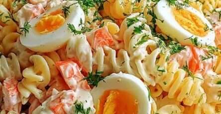 Salade de pâtes au surimi et œufs durs avec concombre, carotte, sauce crémeuse et herbes fraîches servie bien froide.