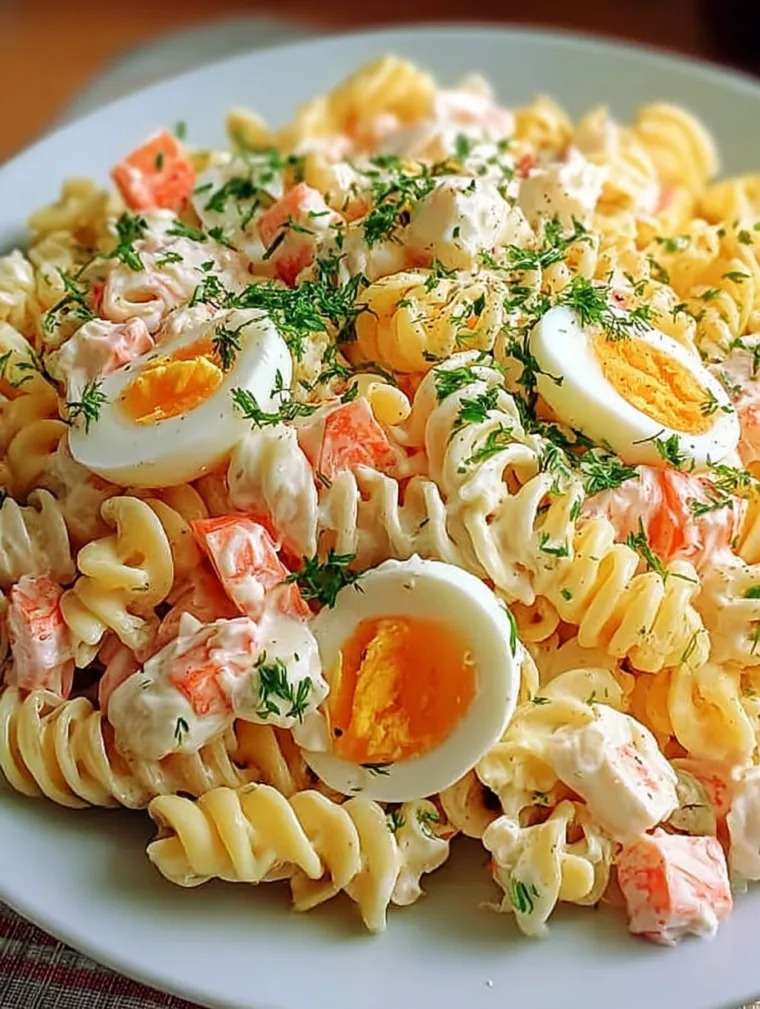 Salade de pâtes au surimi et œufs durs avec concombre, carotte, sauce crémeuse et herbes fraîches servie bien froide.