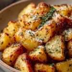 Pommes de terre rôties au four avec parmesan doré, herbes aromatiques, ail et persil frais, croustillantes et servies chaudes.