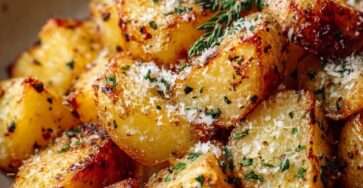 Pommes de terre rôties au four avec parmesan doré, herbes aromatiques, ail et persil frais, croustillantes et servies chaudes.
