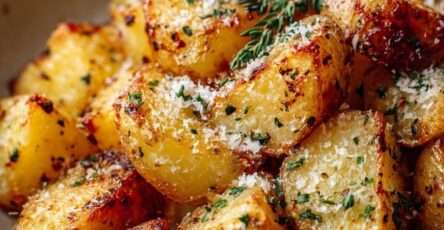 Pommes de terre rôties au four avec parmesan doré, herbes aromatiques, ail et persil frais, croustillantes et servies chaudes.