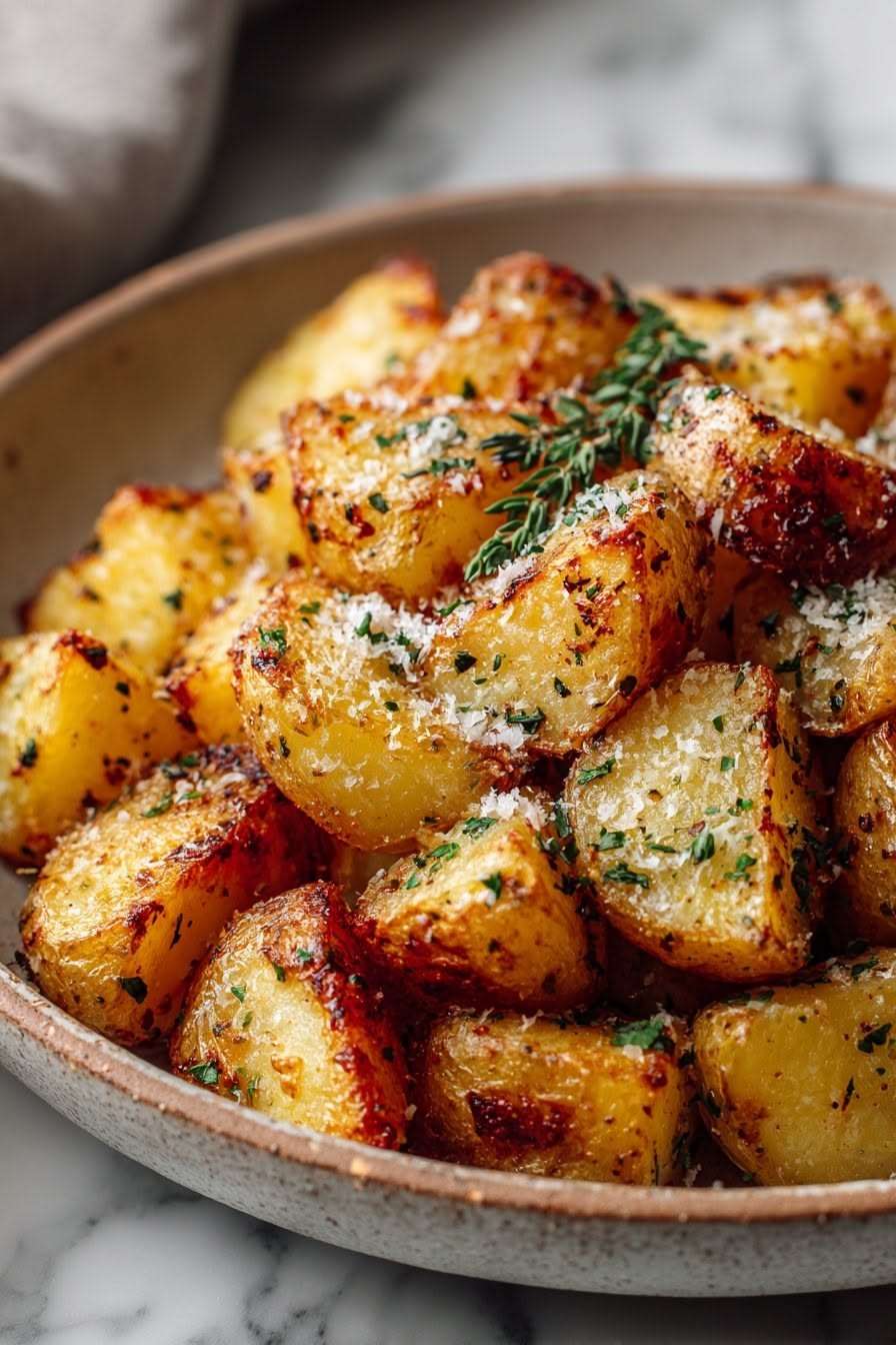 Pommes de terre rôties au four avec parmesan doré, herbes aromatiques, ail et persil frais, croustillantes et servies chaudes.