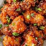 Morceaux de poulet croustillant frit nappés de sauce épicée brillante avec graines de sésame et oignons verts, servis chauds.