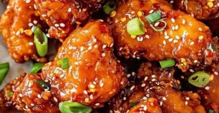 Morceaux de poulet croustillant frit nappés de sauce épicée brillante avec graines de sésame et oignons verts, servis chauds.