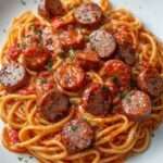 Assiette de spaghetti aux saucisses dorées avec sauce tomate crémeuse, parmesan râpé et persil frais, servis bien chauds.