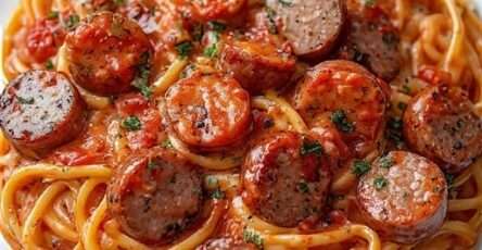 Assiette de spaghetti aux saucisses dorées avec sauce tomate crémeuse, parmesan râpé et persil frais, servis bien chauds.