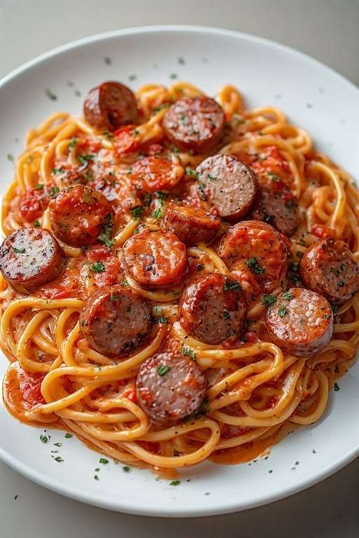 Assiette de spaghetti aux saucisses dorées avec sauce tomate crémeuse, parmesan râpé et persil frais, servis bien chauds.