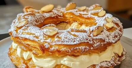 Couronne feuilletée dorée garnie de crème vanillée légère, décorée d’amandes effilées et saupoudrée de sucre glace.