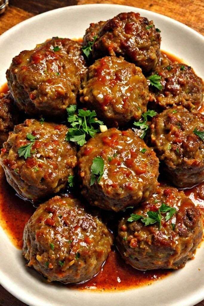 Boulettes de viande nappées de sauce tomate épicée, servies chaudes avec persil frais et sauce onctueuse.