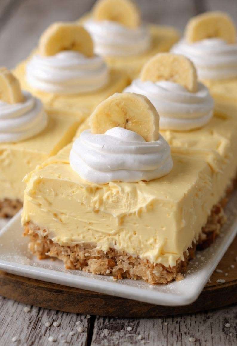 Cheesecake à la banane ultra crémeux présenté sur un plat, avec base de biscuits sablés, garniture onctueuse, chantilly et rondelles de banane fraîches.