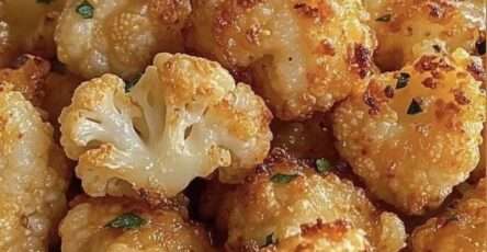 Bouchées de chou-fleur croustillantes au parmesan, dorées au four, servies chaudes avec persil frais et sauce crémeuse maison.