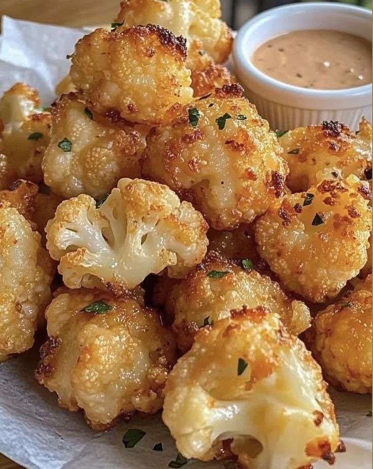 Bouchées de chou-fleur croustillantes au parmesan, dorées au four, servies chaudes avec persil frais et sauce crémeuse maison.
