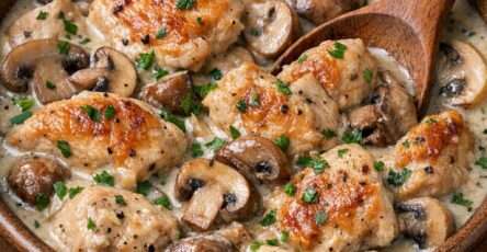 Ragoût de poulet crémeux aux champignons servi chaud, avec morceaux de poulet tendres, sauce onctueuse, champignons et persil frais.
