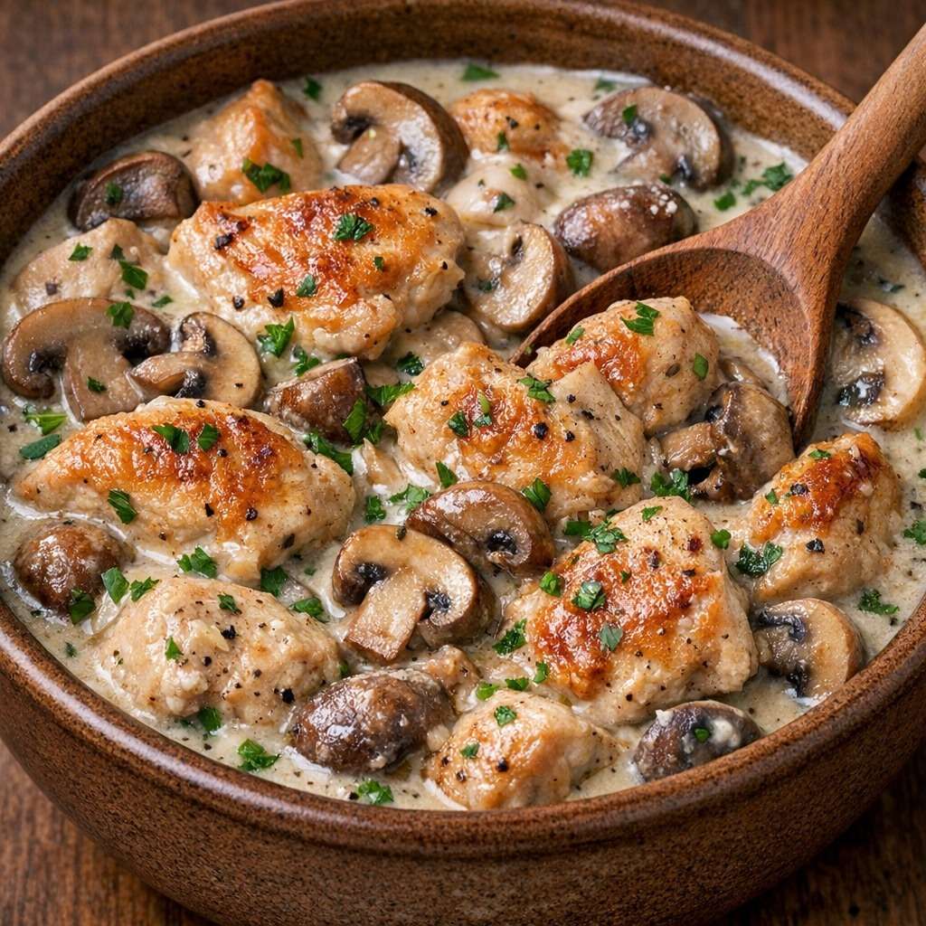 Ragoût de poulet crémeux aux champignons servi chaud, avec morceaux de poulet tendres, sauce onctueuse, champignons et persil frais.
