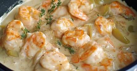 Blanquette de Saint-Jacques et crevettes servie chaude avec sauce crémeuse, persil frais et accompagnement de riz blanc.