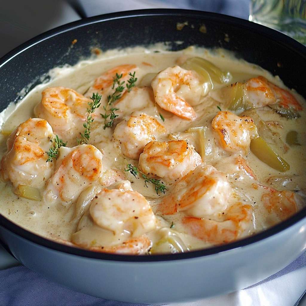 Blanquette de Saint-Jacques et crevettes servie chaude avec sauce crémeuse, persil frais et accompagnement de riz blanc.