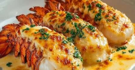 Queues de langoustes gratinées au four, chair tendre nappée de sauce crémeuse et fromage doré, servies chaudes avec persil frais.