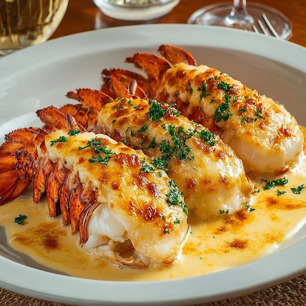 Queues de langoustes gratinées au four, chair tendre nappée de sauce crémeuse et fromage doré, servies chaudes avec persil frais.