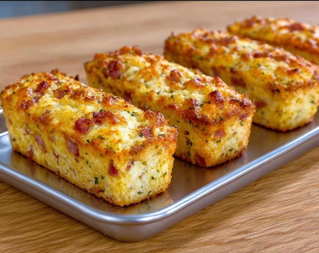 Financiers salés au jambon et fromage dorés, moelleux à l’intérieur, servis chauds avec herbes fraîches sur une table d’apéritif.