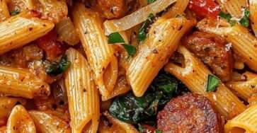 Assiette de pâtes crémeuses cajun à la saucisse fumée, avec poivron, parmesan fondu et persil frais, servie bien chaude dans une assiette creuse.