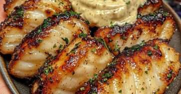 Bouchées de poisson blanc dorées au beurre citronné, servies chaudes avec persil frais et aïoli crémeux à l’ail dans un petit bol.