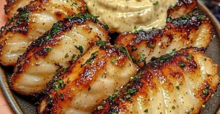 Bouchées de poisson blanc dorées au beurre citronné, servies chaudes avec persil frais et aïoli crémeux à l’ail dans un petit bol.